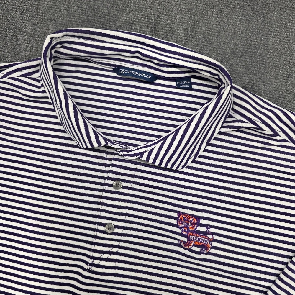 Clemson Tigers Retro Cutter and Buck Purple White Stripe Polo Shirt Men - 2XT - Picture 9 of 10